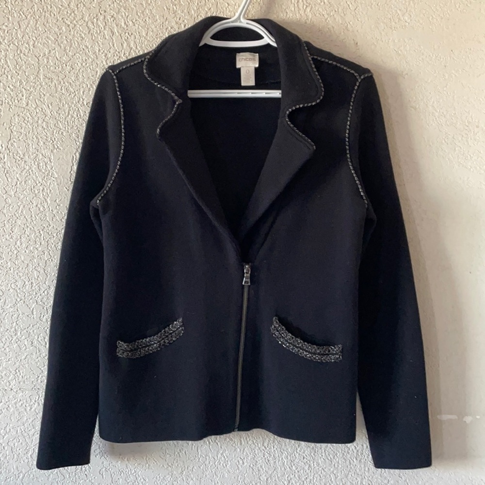 Women’s Chico Black Zipped Jacket Cardigan Blazer with Silver Accents